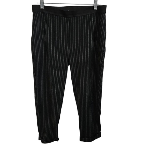 Loft Women's Size M Elastic Waist Pull On Pants Black White Pinstripe Ankle Pant - Picture 1 of 5